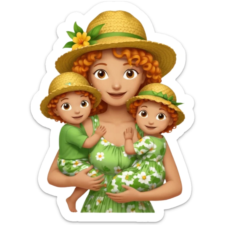 A cheerful orange curly hair mom in a straw hat carrying her child, wearing a green flowery dress sticker