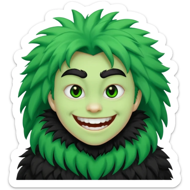 A bald person with bright white skin with a green sclera and green teeth, grinning widely. Has fluffy black neck fur, with a fluffy black body sticker