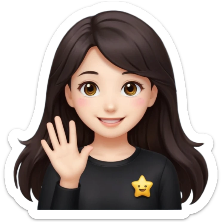 kawaii streamer girl, brunette, dark brown eyes, long dark hair, black outfit, smiling, sparkling eyes, blushing cheeks, happy expression, small stars around, emoji icon sticker