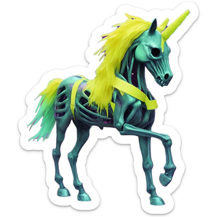 .Zombie_ Vaporwave black holographic oilslick zombie unicorn yellow caution tape graffiti Pegasus  broken skeleton  sticker
