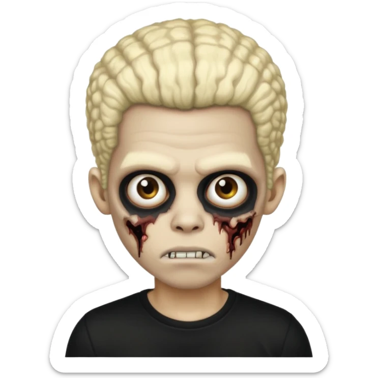 zombie boy with black afro, half blonde and half black, wearing a black shirt sticker