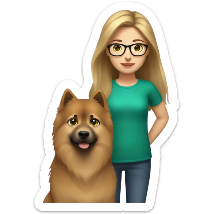 Brown light hair Girl aux Green eyes with glasses Green eyes and eurasier dog  sticker