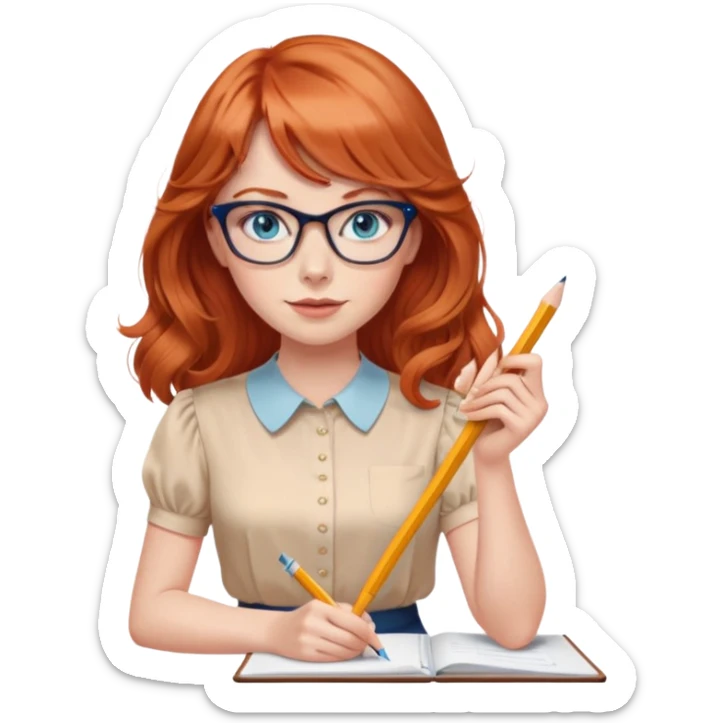 redheaded woman with long wavy hair and bangs, blue eyes, clear cat-eye glasses, short-sleeve apricot blouse, pencil skirt, holding a pencil sticker