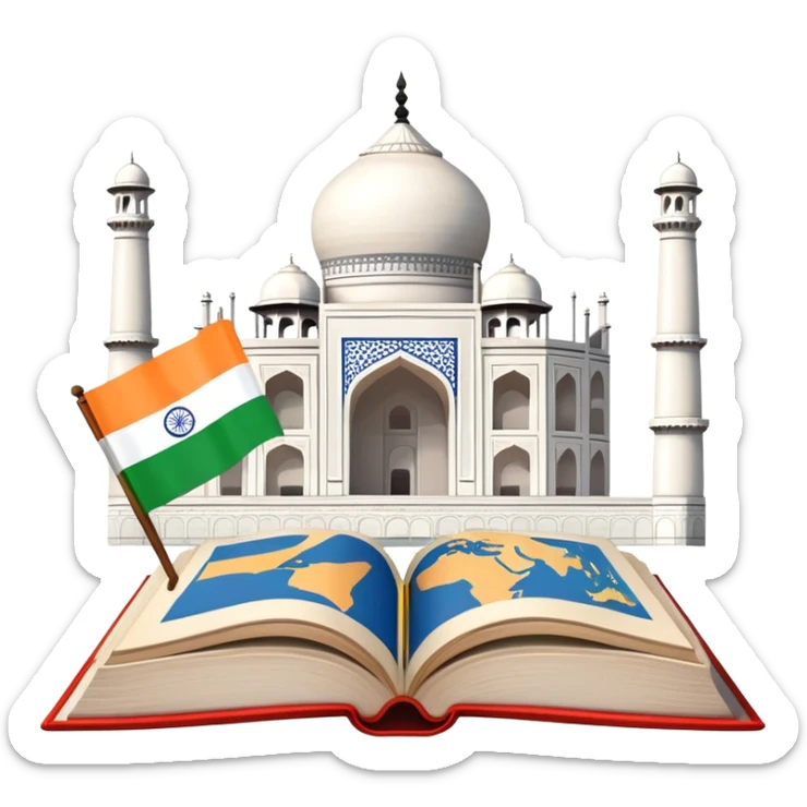 An icon featuring the Taj Mahal and the flag of India, symbolizing the Hindi language. The design includes an open book with Hindi script, representing language learning and cultural richness. Transparent background highlights the heritage of India. sticker