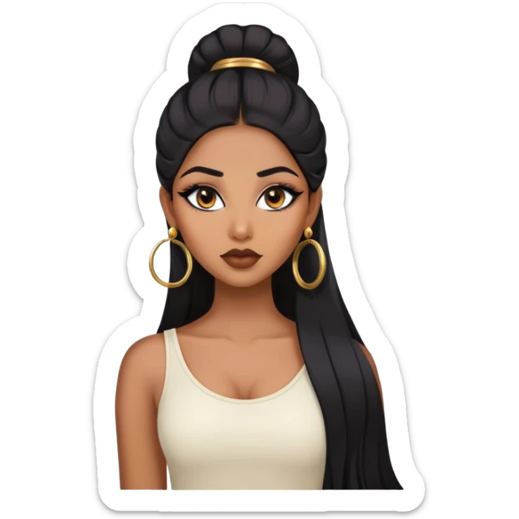 indian girl, brown skin, long black voluminous hair, brown underneath colored hair, baddie,pretty, makeup, lipliner, black eyeliner, gold hoop earrings, white top sticker