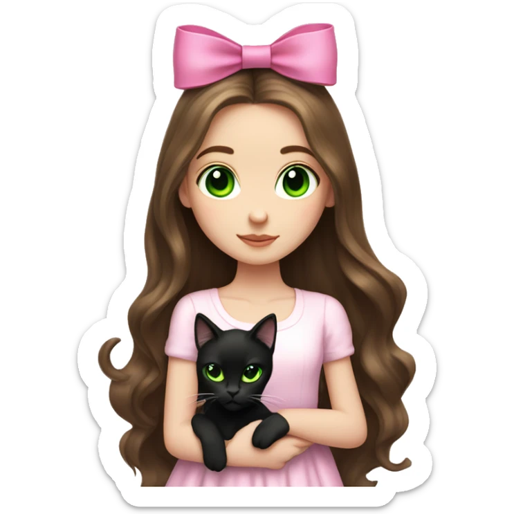 pale brunette girl with long brown hair with bright green eyes holding black cat pink bow sticker