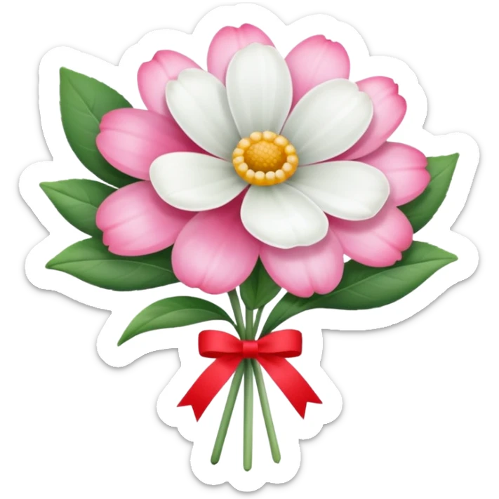 One pink flower and one white flower in transparent bouquet with red band  sticker