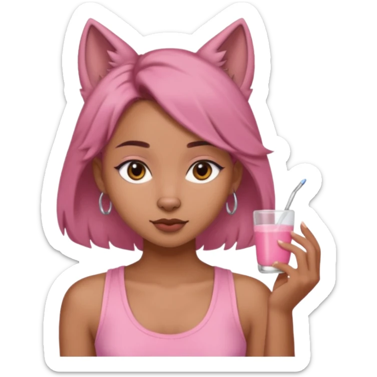 chica morena clara, corte de cabello wolf cut medio, con una blusa de tirantes simple, rosa y coquette sticker