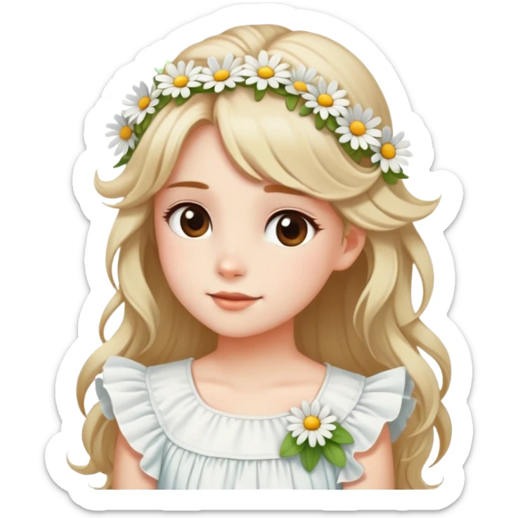  A girl with a half-up half-down hairstyle, tiny daisies in her hair, and a white ruffled top, enjoying the spring breeze. sticker