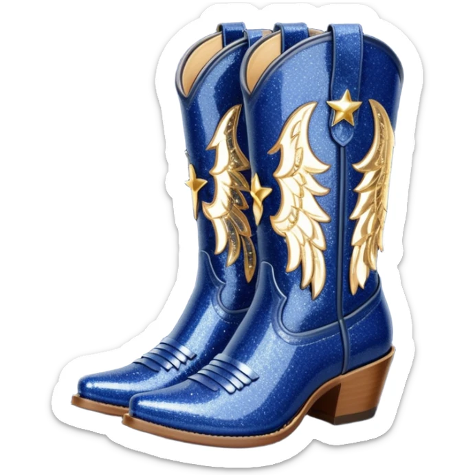 Realistic navy blue fashion cowgirl boots with sparkly shiny glitter fringe sticker