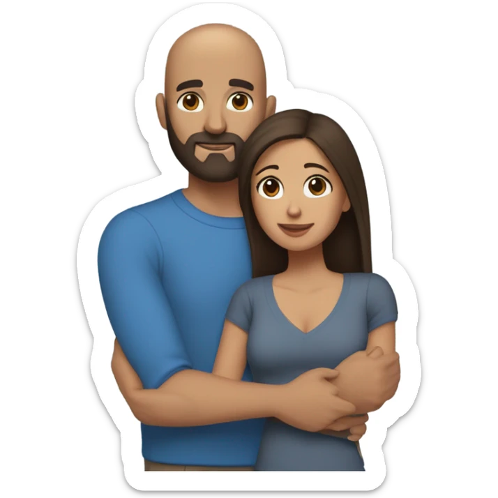 Comforting hug from brunette Puerto Rican with dark brown eyes wearing a cute blue top to short, bald man with brown eyes and a beard wearing a sweater sticker