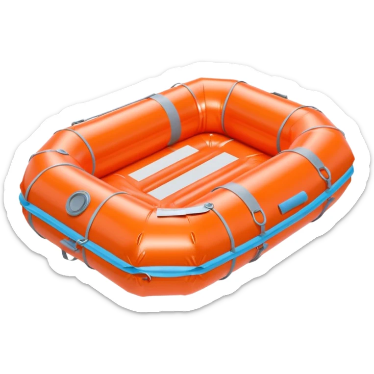3D render of Life Raft made of shiny inflatable vinyl, visible seam lines, air valve, highly reflective plastic texture, pool toy aesthetic. sticker