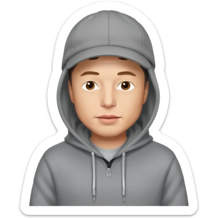 elon musk in gray hoodie full height, wear hoodie hat sticker