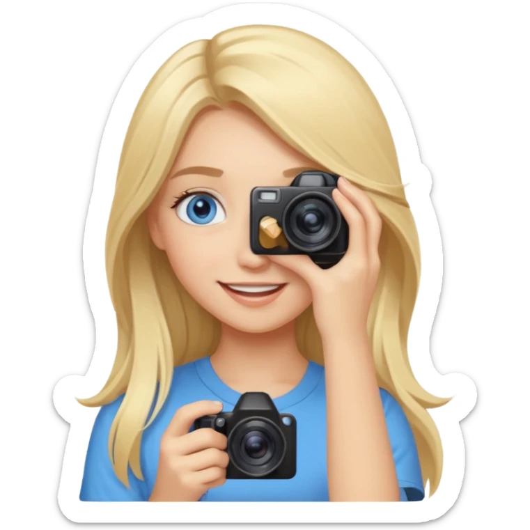  blue eyes blonde girl photographer cartoon taking picture in middle of taking picture camera in front of face long hair smiling funny flash professiona sticker