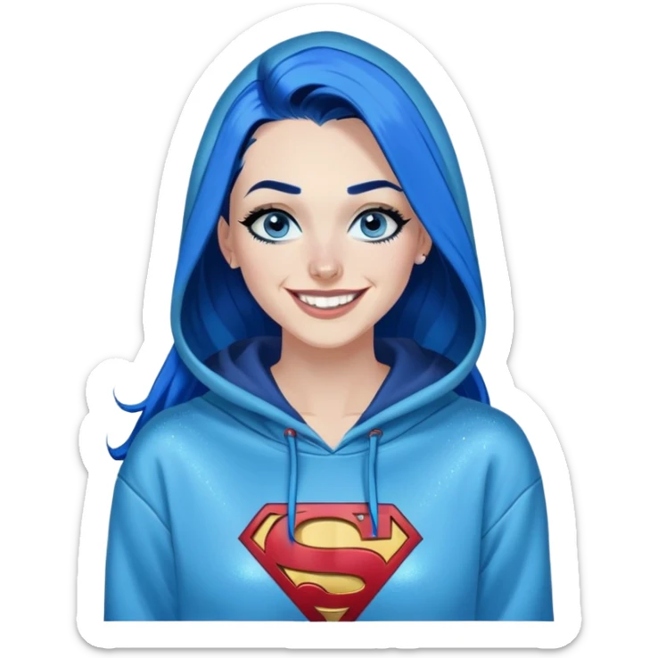 Laughing-30-year-old-adult-long-straight-dark-blue-hair-with-glitter-blue-eyes-thick-black-eyeliner-really-thick-really-long-eye-lashes-sky-blue-superman-no-ears-hoodie-sweatshirt-pierced-nose sticker