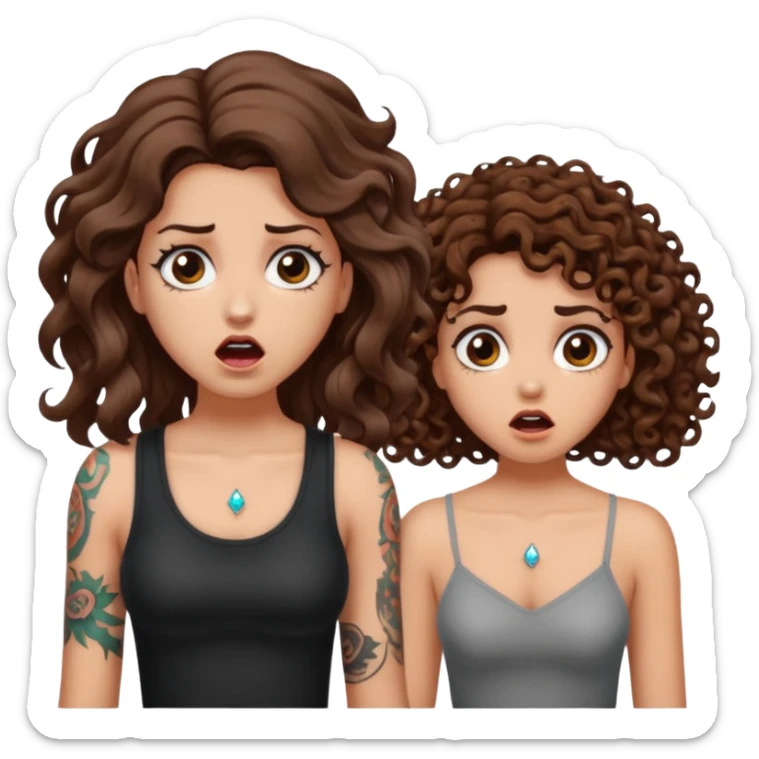 mutated crystal — long wavy brown hair tattooed woman and short tight curly brown hair woman — shocked reaction sticker