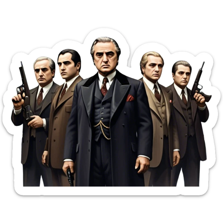 A vintage movie poster-style design featuring Don Vito Corleone surrounded by gangsters with Tommy guns. Include a dark, moody noir atmosphere with skyscrapers of New York in the background. The scene should be tense and mysterious, with a retro cinematic feel. Transparent background. sticker