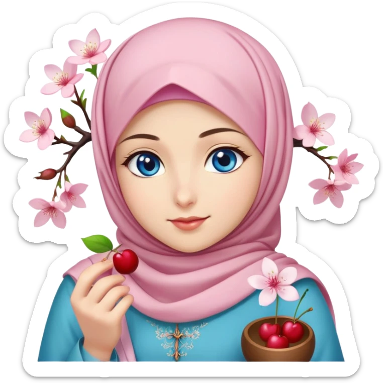 Turkish beautiful finish Konya girl blue eyes with hijab islamic dress and had on her hand cherry blossom sticker