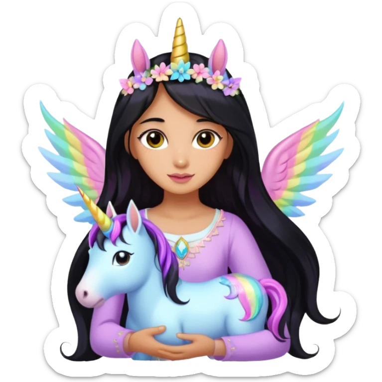 Earthreal sparkly angelic mystical magical shiny pretty Fairy. Dark Brown eyes. Caramel skin. Long black hair. White, hot pink and light blue and lavender and light green and light yellow fairy wings. pet unicorn alongside   sticker