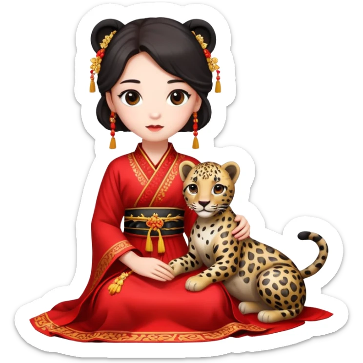 A beautiful girl in red Hanfu wedding dress sits on the ground holding a black leopard sticker