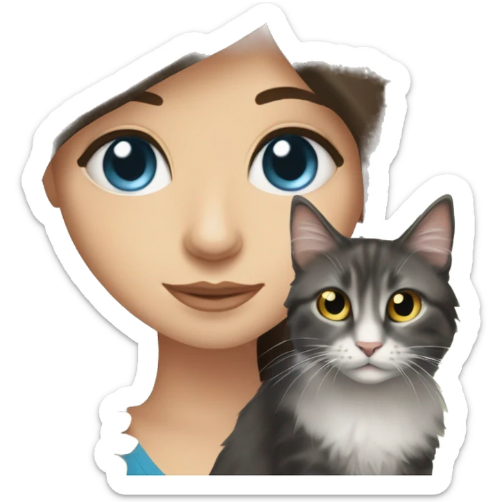 long straight haired blue eyed brunette woman holding norwegian forest cat with amber eyes sticker