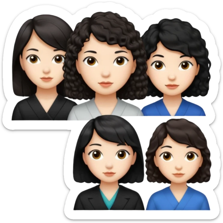 brunette short curly hair white girl, black long hair asian girl side part, black medium length hair with sideswept pangs sticker