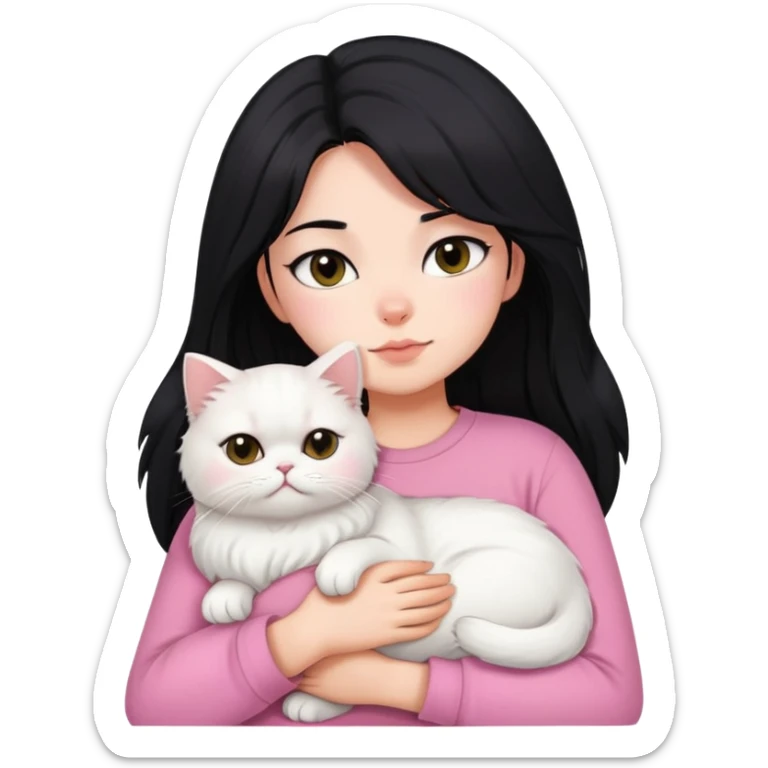 Black layered hair girl pink shirt snuggling only one white Persian cat sticker