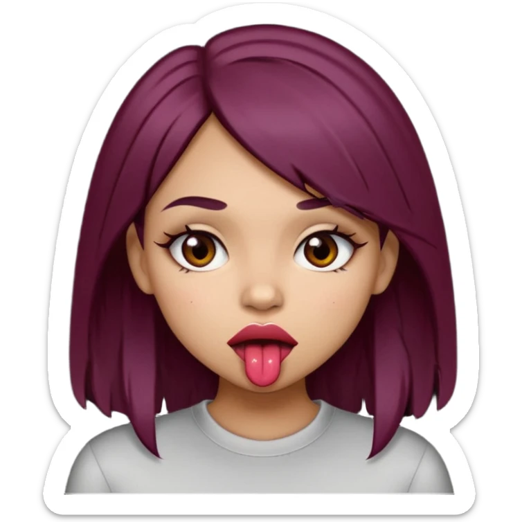 Brown light skin girl straight black/marroon hair biting her lips and blushing sticker