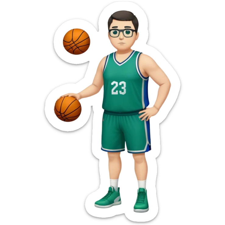 Full Body plus size tall white male with dark short hair basketball player wearing glasses wearing blue  with green uniform sticker