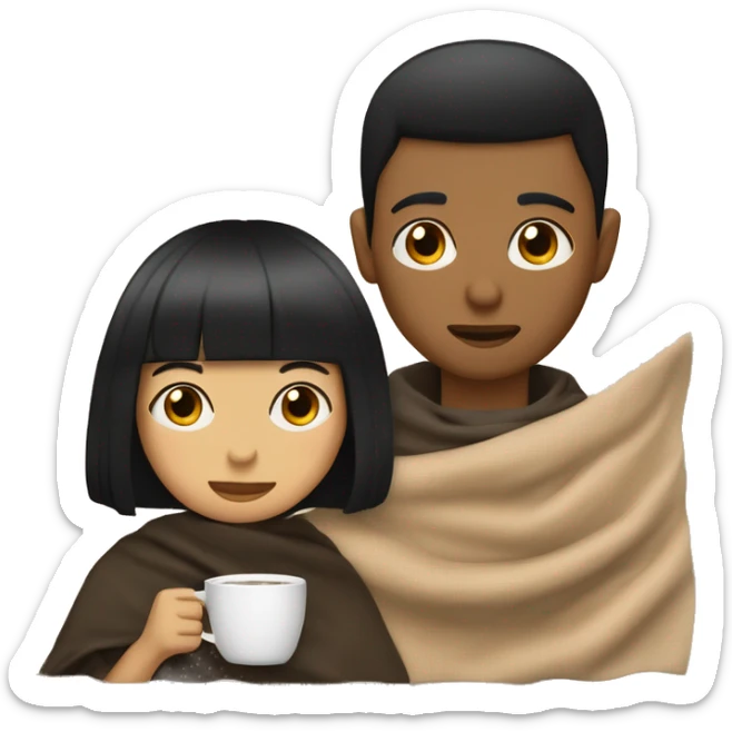 LIGHT BROWN SKIN BOY, with SHORT STRAIGHT BLACK HAIR and a TAN SKIN GIRL, with BLACK HAIR and BANGS, inside a blanket sipping coffee sticker
