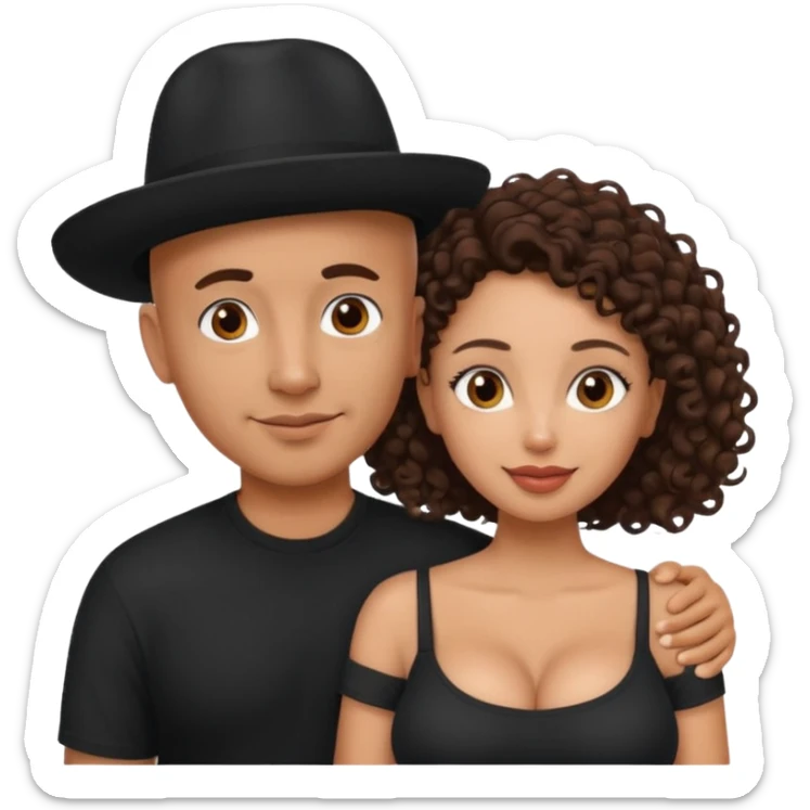 A picture of a tanned couple embracing. the guy is Mexican, with a bald hair cut and he has a hat on. The girl is mixed, the girl is wearing a youblack shirt, the girl has brown curly big hair and the girl has big boobs  sticker