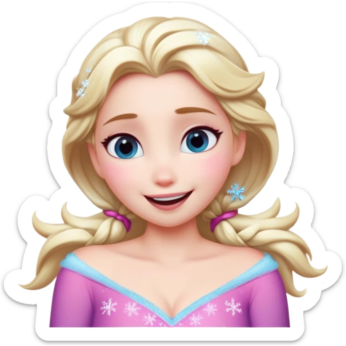 Cinematic Adorable Elsa Portrait Emoji, Giggling as tiny snowflakes swirl around her, cheeks flushed pink from the cold, eyes twinkling with warmth, a heart-melting mix of beauty and playfulness! sticker