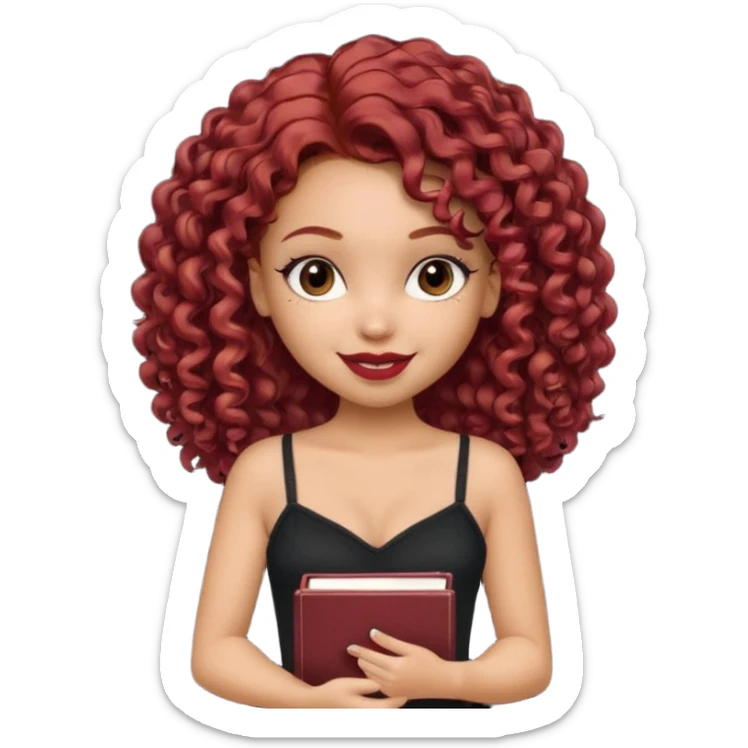 generate a pretty bratz girl curly dark red hair, brown lipstick on, smiling. Book in hand, wearing a black cami top. sticker
