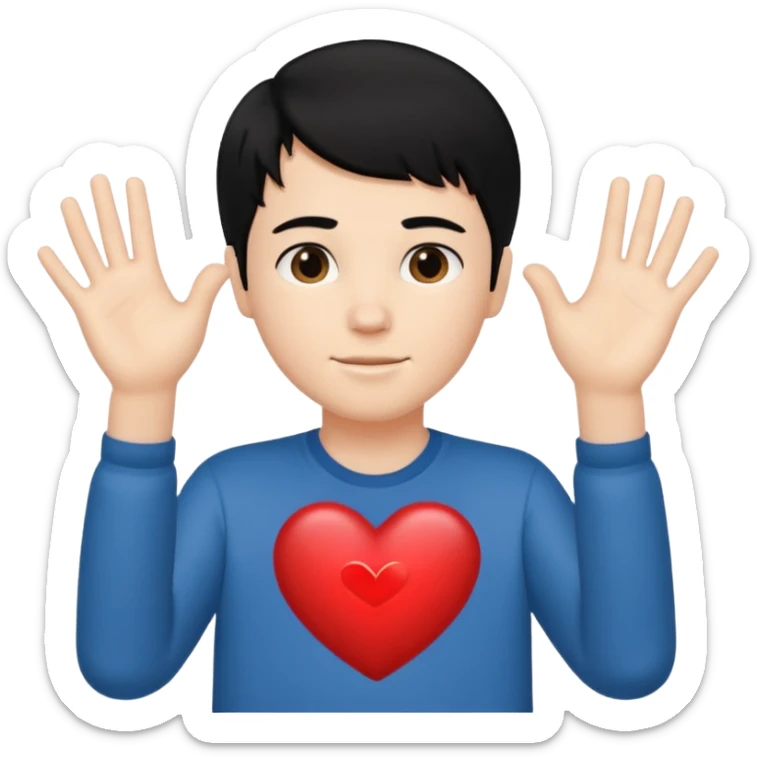 White boy with black hair holding up hands in the shape of a heart sticker