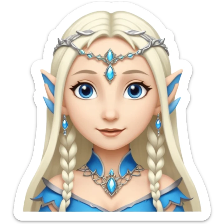 elf princess with pointy ears, white skin, silverblond hair with jewellery, blue eyes, gentle smile sticker