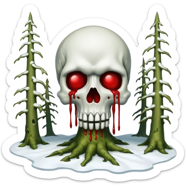 A surreal Alaskan snow covered landscape with mossy trees, in the style of your bleeding skull art. sticker