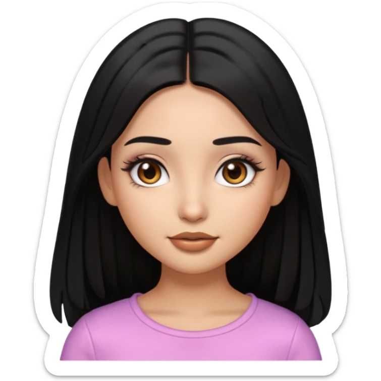 pretty cartoon girl, semi-realistic 3D emoji style, long middle parted straight black hair, tan skin, brown eyes, long eyelashes, soft glam makeup, glossy lips, smooth skin, cute aesthetic,  sticker