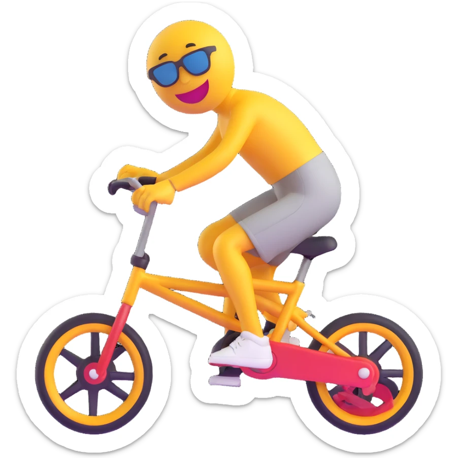 3D smiley emoji, round shape, with BMX bike, sporty face, transparent background (BMX) sticker