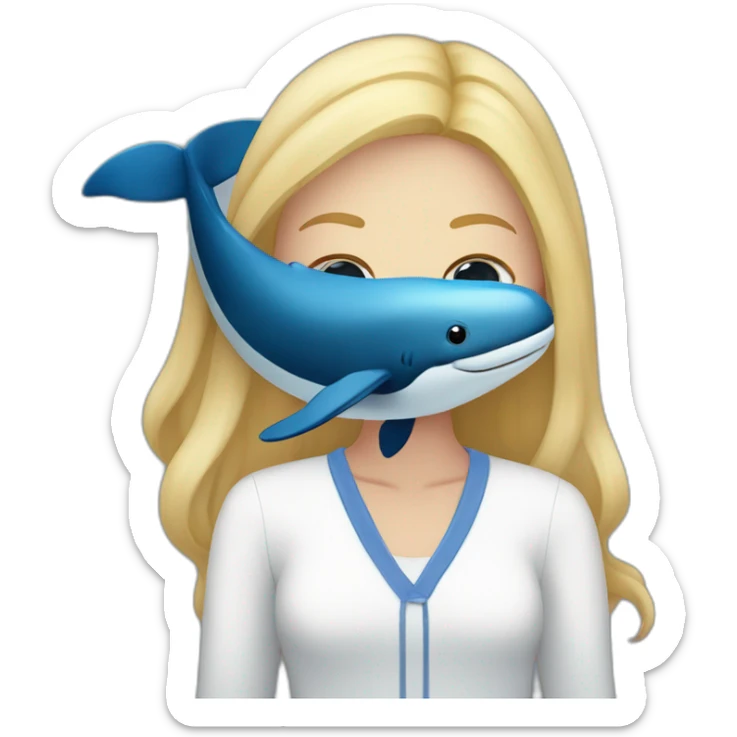 A whale as a staffed animal with a blonde girl with blue eyes and blond hair sticker
