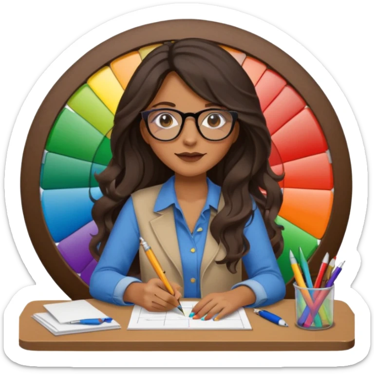 female dark wavy long hair graphic designer , color wheel, pens, papers , desktop sticker