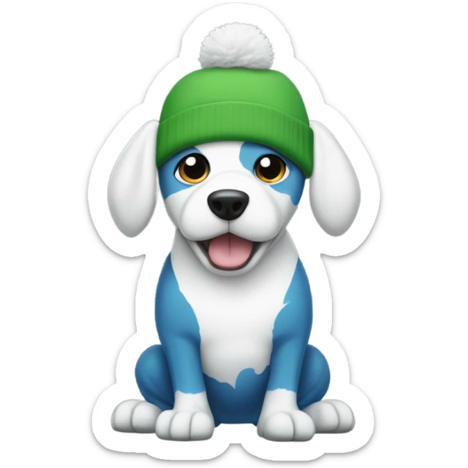 White dog with green beanie with a frog on the beanie, the dog is white, and also has a blue tanktop and baggy jeans, the dog is also standing up on its legs. sticker