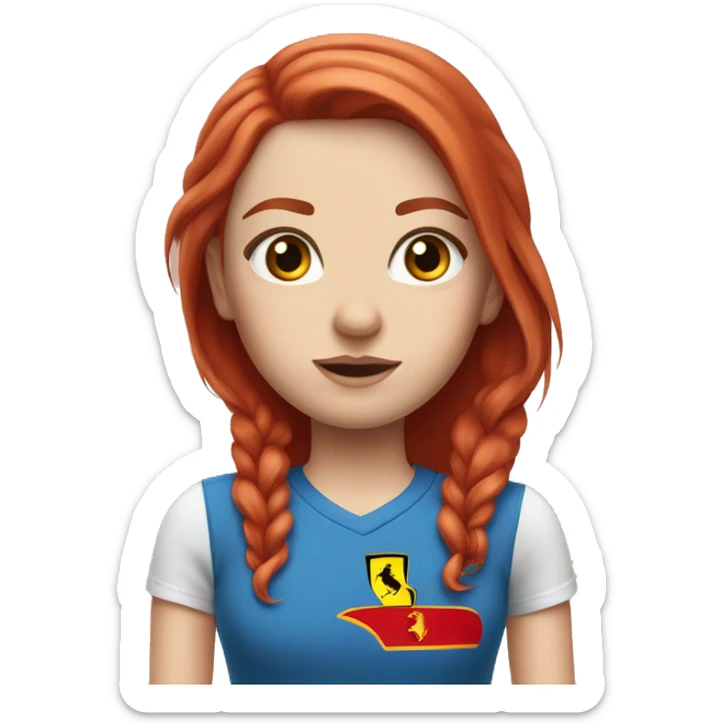Pale skinned white girl With straight red hair and blue eyes wearing a Ferrari shirt and rolling her eyes sticker