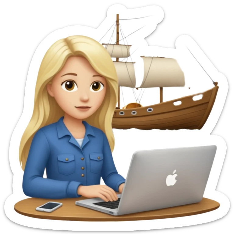 a blondie woman with long hair working with a computer laptop and a grains vessel (boat) around sticker