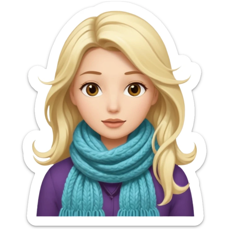 A stylish woman in a long and knitted scarf, hair flowing in the winter breeze. sticker