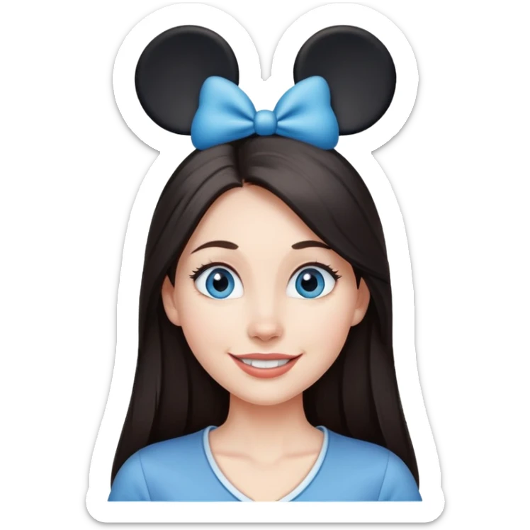 Blue eyes Dark straight long hair woman happy wearing Mickey Mouse ears from Disney world  sticker