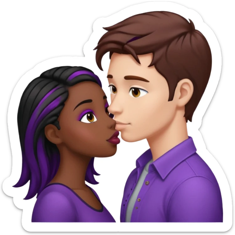 White guy with brown hair kissing black girl with black and purple hair sticker