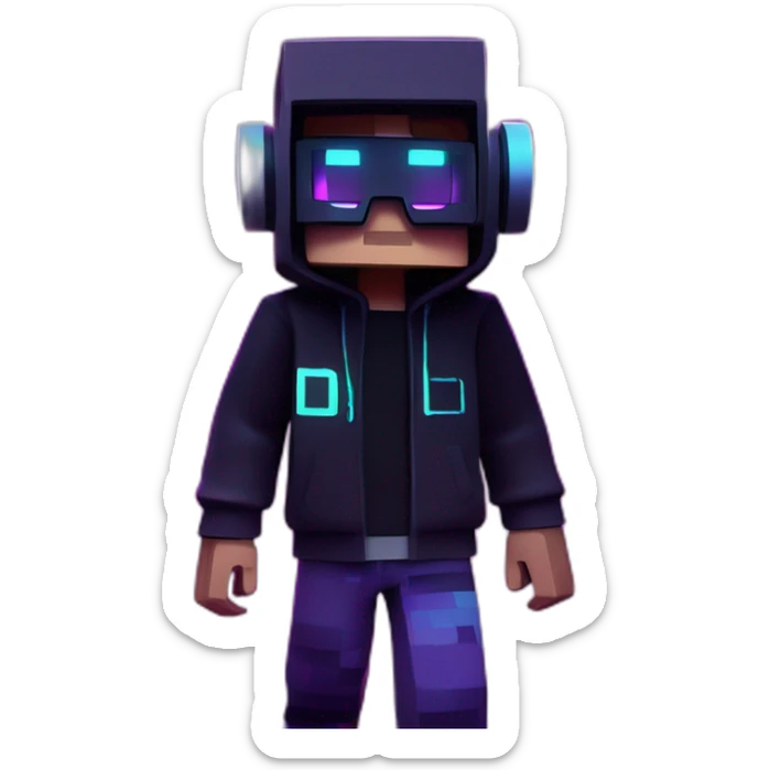 Minecraft steve wearing a black hoodie with "OMG" letters on it and VR headset in a cyberpunk VR environment with violet neon lighting. sticker