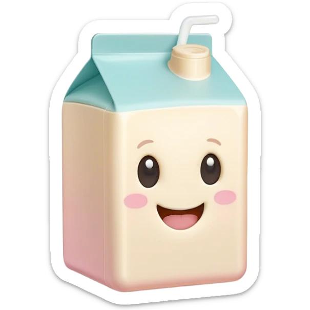 Cinematic adorable milk carton, soft pastel colors, tiny rounded edges, chubby smiling face, warm glowing highlights, gently tilting in a playful pose. sticker