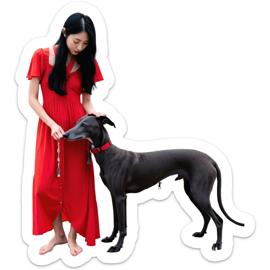 A beautiful 25-year-old Japanese woman with long flowing black hair wearing a stylish red beach dress, gently petting a PURE SOLID DARK GREY whippet with a bright RED COLLAR on a beach at night under a starry sky. The whippet MUST be 100% SOLID DARK GREY with ABSOLUTELY NO WHITE MARKINGS ANYWHERE - specifically NO WHITE on face, NO WHITE on chest, NO WHITE on paws - ENTIRELY ONE CONSISTENT SOLID DARK GREY COLOR throughout. Deep blue night sky filled with bright stars, moonlight reflecting on the ocean, sandy beach in the foreground. sticker