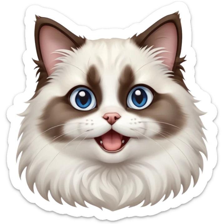 cinematic-adorable-big-eyed-fluffy-dark brown and white ragdoll-cat-portrait-emoji,-head-tilted-playfully-with-a-cute,-yawn,-soft-brown-and white-colored-fur-with-darker-points-on-the-ears,-simplified-yet-irresistibly-cute-features, sparkling blue eyes sticker